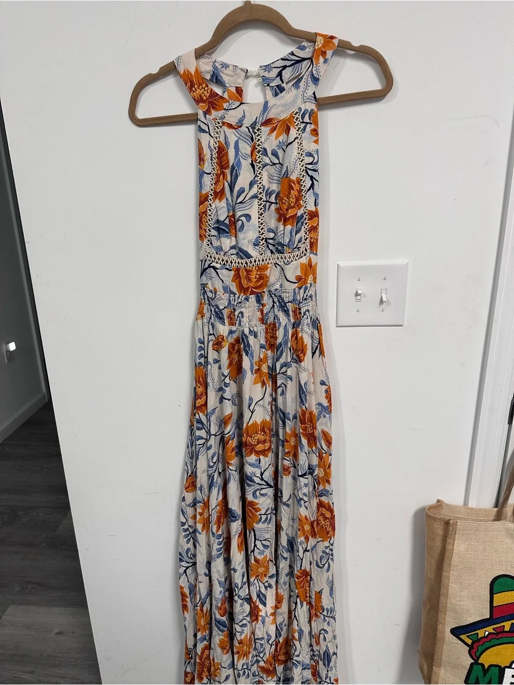 Anthropologie Sleeveless Floral Maxi Dress in Light Blue with Orange Bloom - Picture 3 of 7